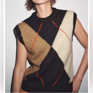Zara ARGYLE KNIT JUMPER VEST